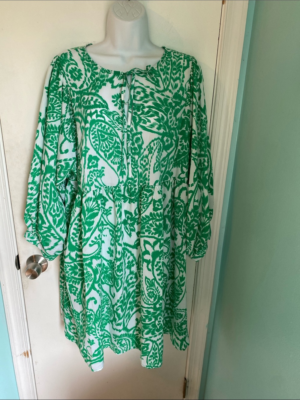 Emma & Michele Green and White Paisley tie neck dress
